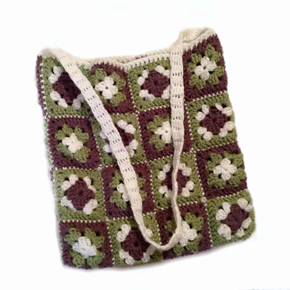 Handmade Green & Purple Floral Square Crochet Bag